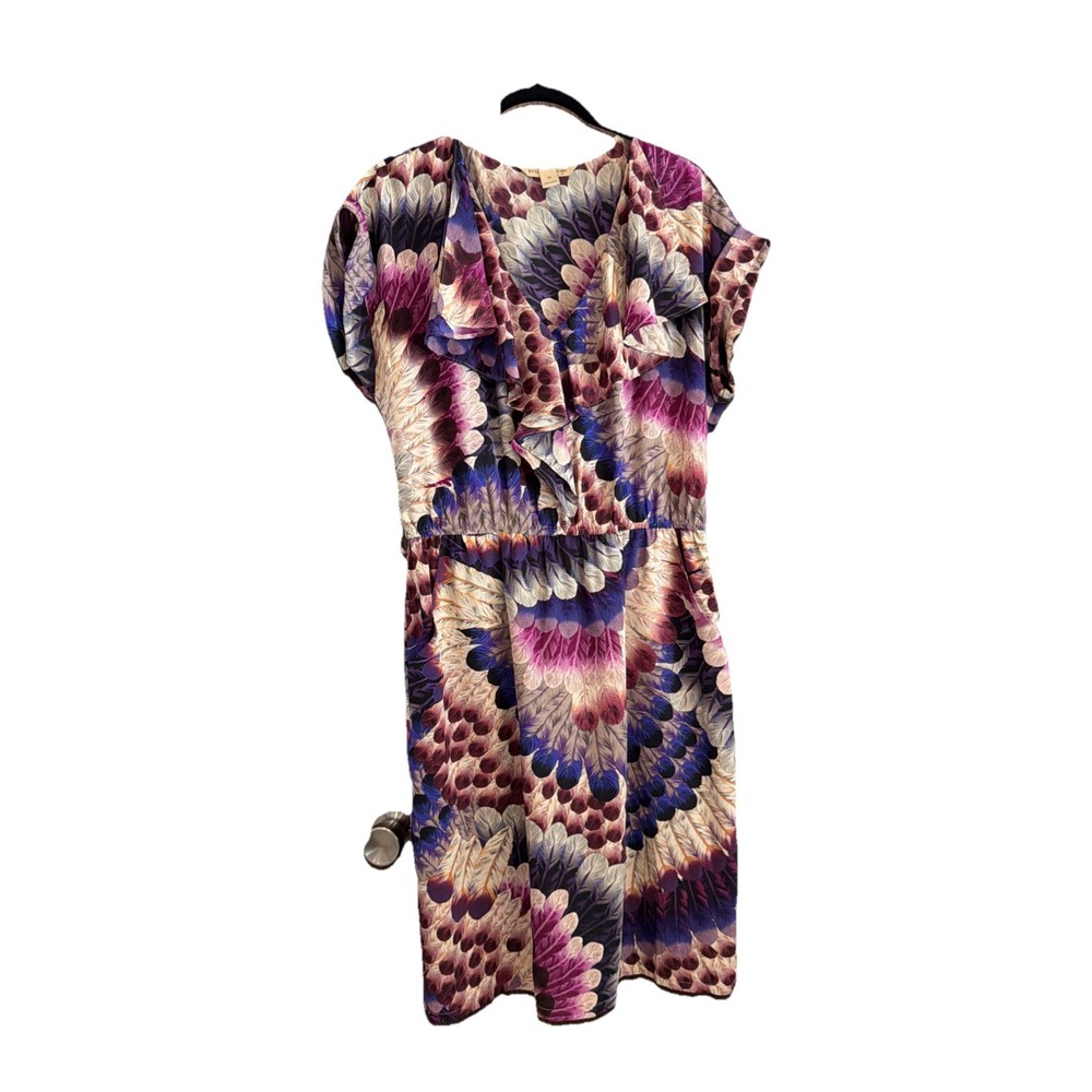 Peacock Feather Print Ruffle-V-Neck Dress Whimsical Mystical Boho Fairy Core M